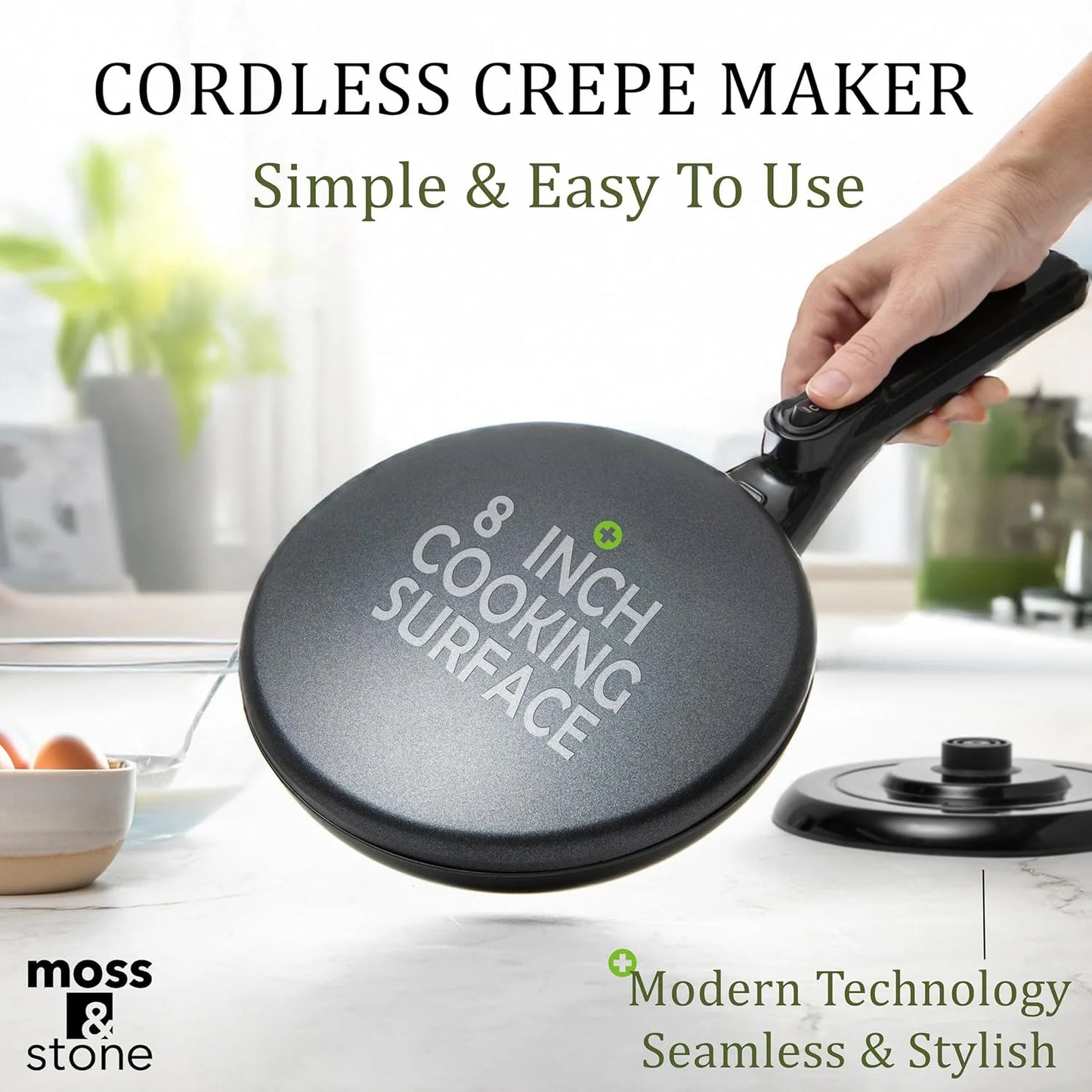 Cordless Electric Crepe Maker with Auto Power Off, On/Off Switch & Dual Temperature Setting, 8 Inch Portable Crepe Maker & Non-Stick Dipping Plate, Nonstick Coating Pan Apo