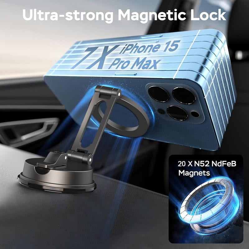 Upgraded 360° Rotation Magnetic Phone Holder with Adhesive Base, Ultra-Strong Suction Cup & Foldable Retractable Car Mount for Dashboard/Windshield