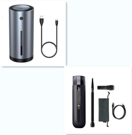 Portable wireless car vacuum cleaner components including charger and accessories, sleek design for compact storage.