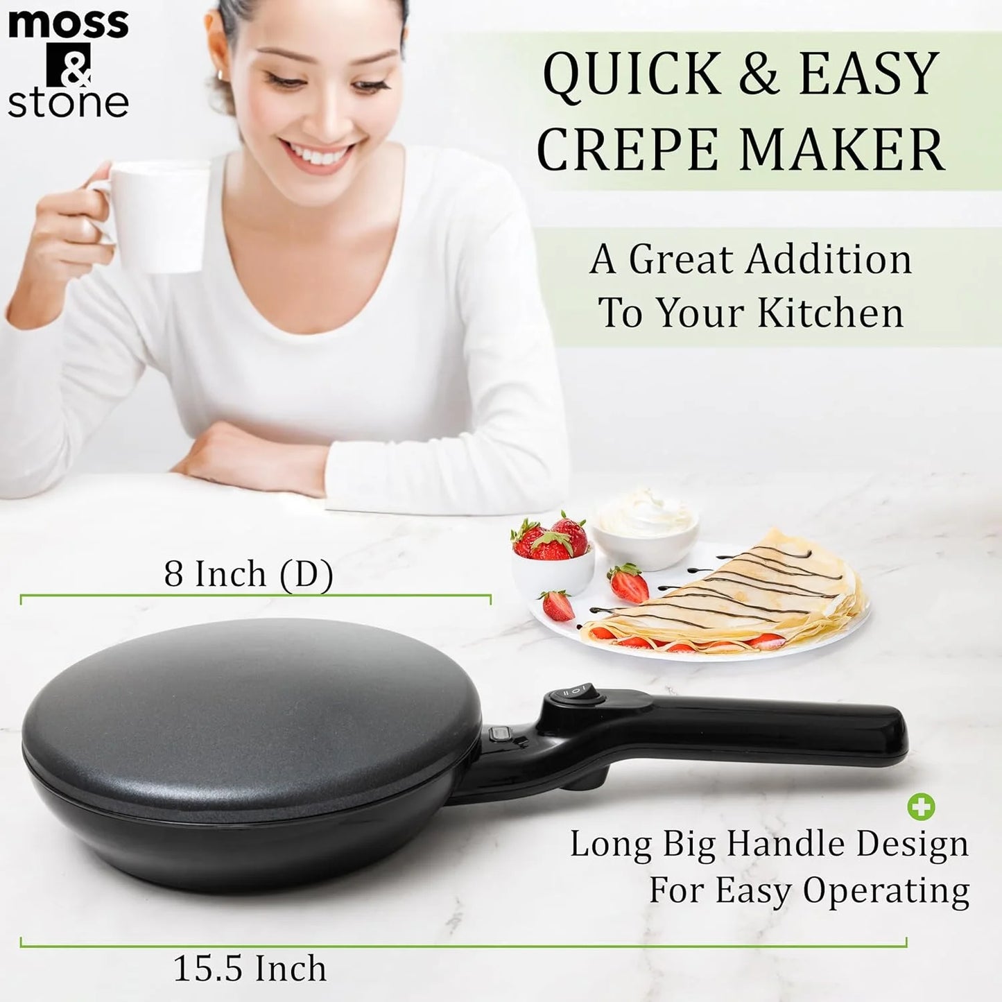 Cordless Electric Crepe Maker with Auto Power Off, On/Off Switch & Dual Temperature Setting, 8 Inch Portable Crepe Maker & Non-Stick Dipping Plate, Nonstick Coating Pan Apo