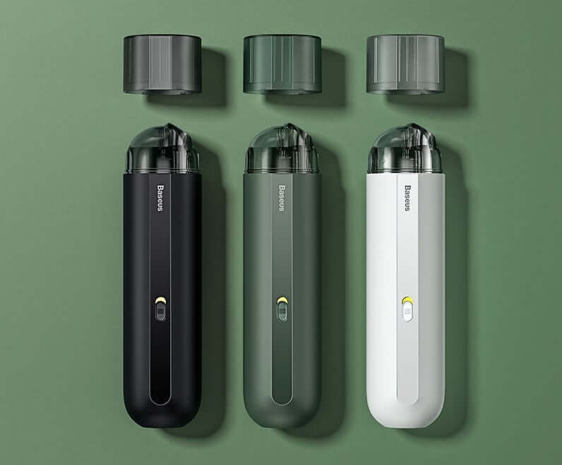 Portable wireless car vacuum cleaner available in black, green, and white colors, showcasing sleek design and compact size.