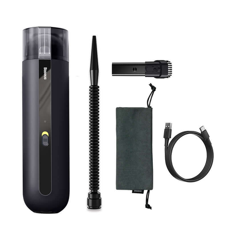 Portable wireless car vacuum cleaner with accessories including a hose, filter, USB cable, and storage pouch.