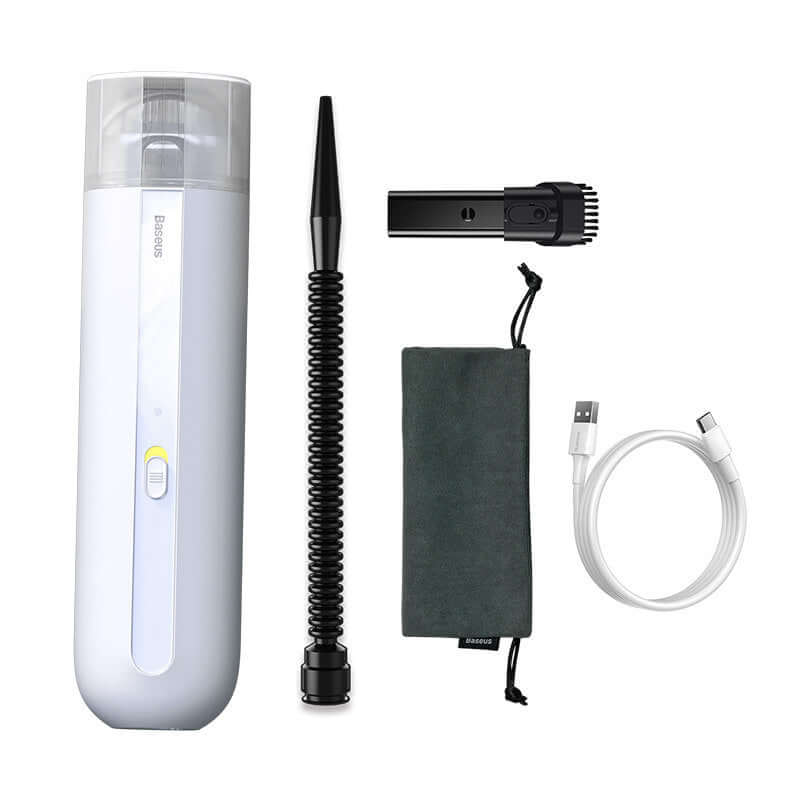 Portable wireless car vacuum cleaner with accessories including hose, filter, charging cable, and storage pouch.