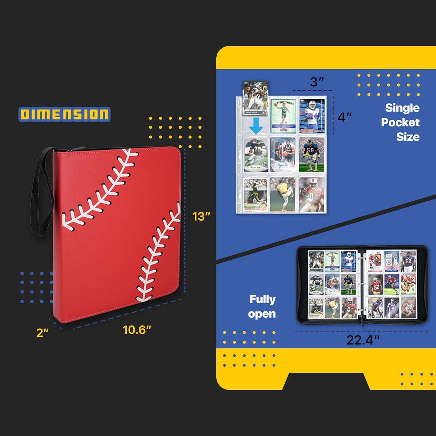 Baseball Card Binder, 9 Pocket Sports Card Binder, 720 Double Sided Pocket Zipper Album, Baseball Cards Zipper Display Holder, Expandable, Compatible with Gaming Cards, Yugioh, MTG and Other TCG