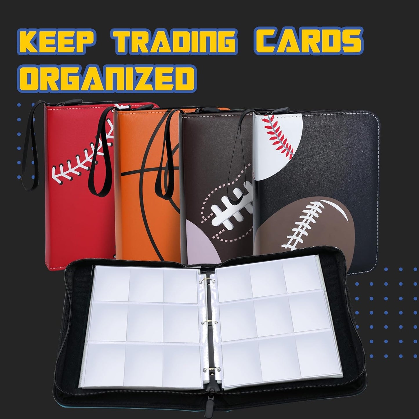 Baseball Card Binder, 9 Pocket Sports Card Binder, 720 Double Sided Pocket Zipper Album, Baseball Cards Zipper Display Holder, Expandable, Compatible with Gaming Cards, Yugioh, MTG and Other TCG