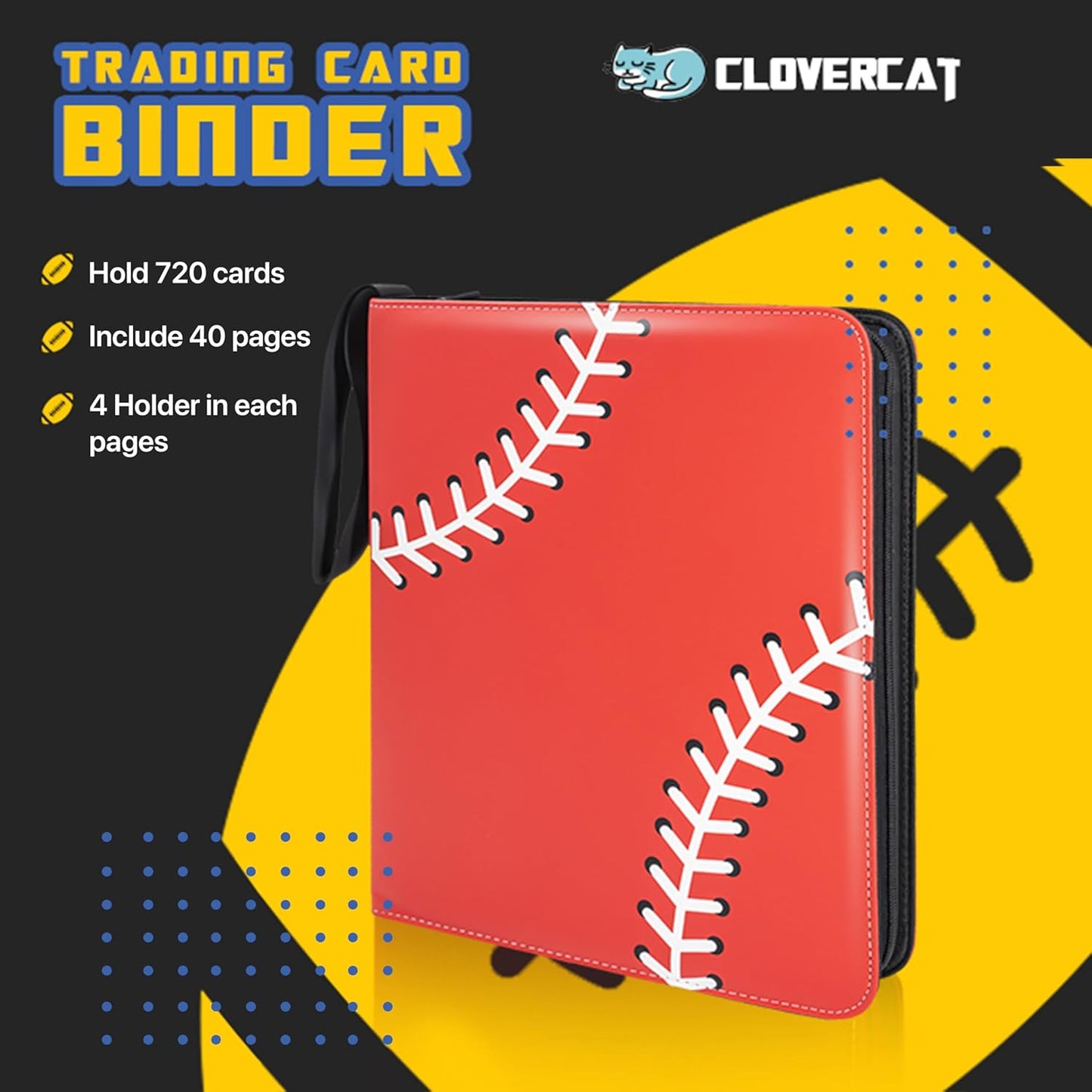 Baseball Card Binder, 9 Pocket Sports Card Binder, 720 Double Sided Pocket Zipper Album, Baseball Cards Zipper Display Holder, Expandable, Compatible with Gaming Cards, Yugioh, MTG and Other TCG