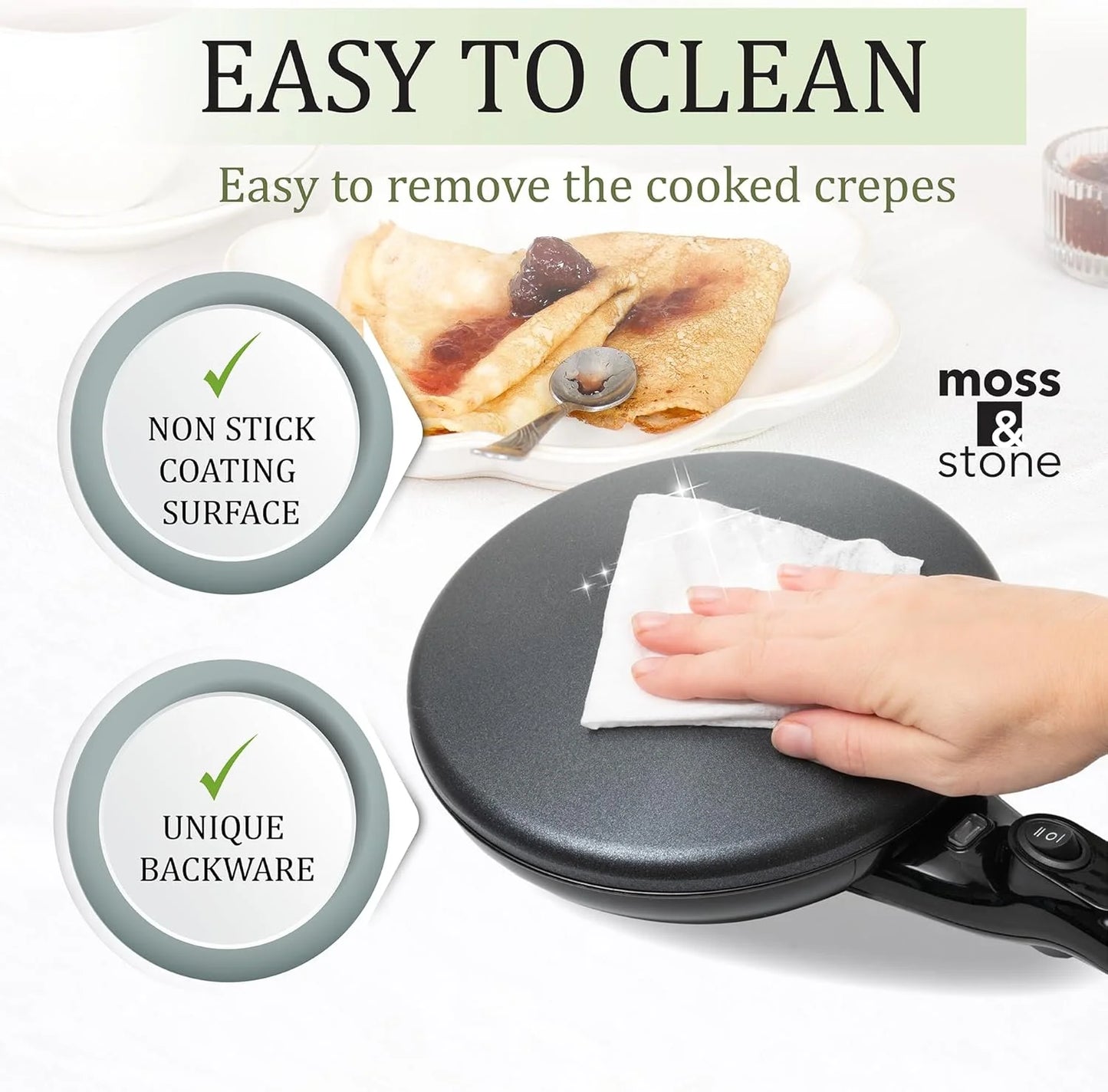 Cordless Electric Crepe Maker with Auto Power Off, On/Off Switch & Dual Temperature Setting, 8 Inch Portable Crepe Maker & Non-Stick Dipping Plate, Nonstick Coating Pan Apo