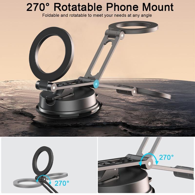 Upgraded 360° Rotation Magnetic Phone Holder with Adhesive Base, Ultra-Strong Suction Cup & Foldable Retractable Car Mount for Dashboard/Windshield