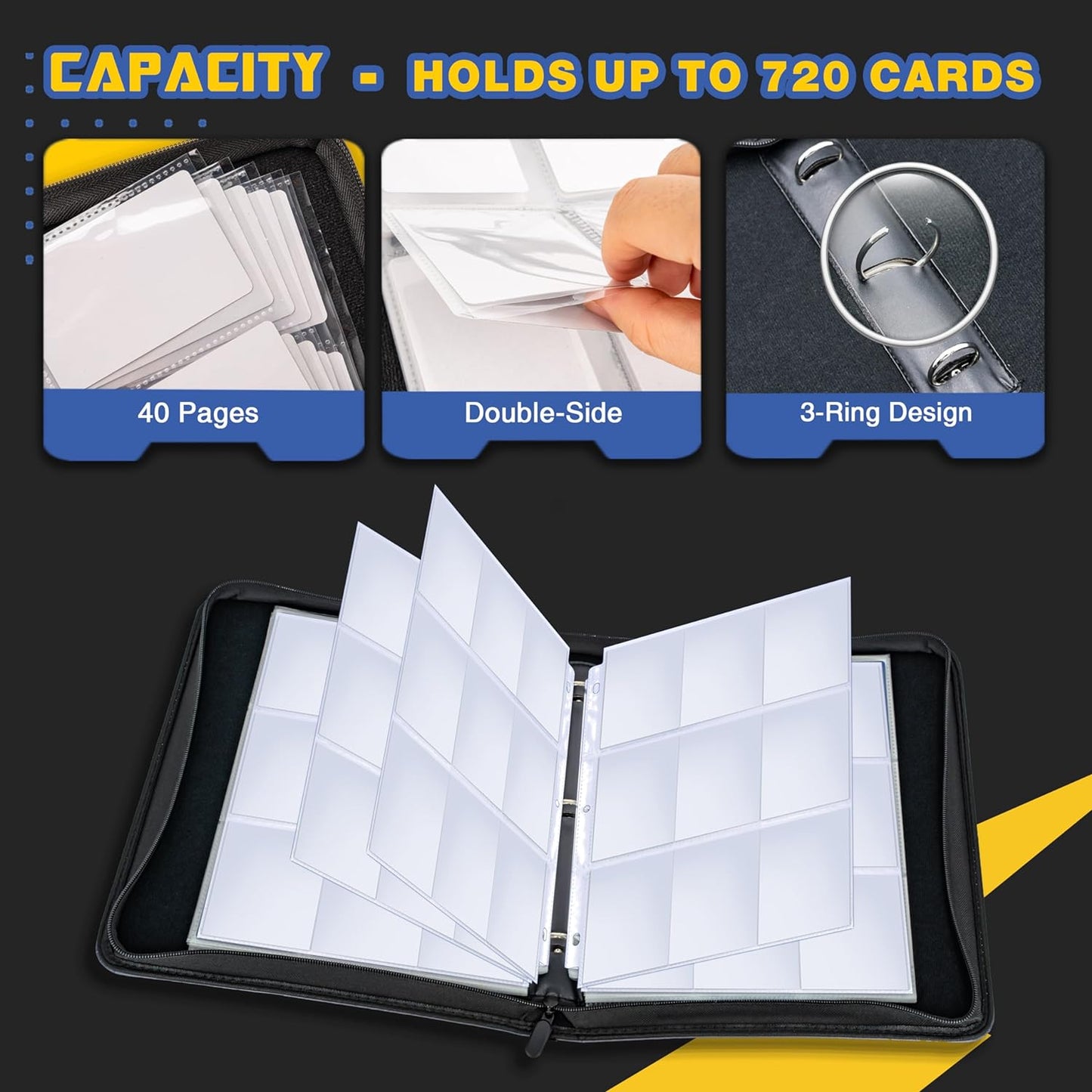 Baseball Card Binder, 9 Pocket Sports Card Binder, 720 Double Sided Pocket Zipper Album, Baseball Cards Zipper Display Holder, Expandable, Compatible with Gaming Cards, Yugioh, MTG and Other TCG