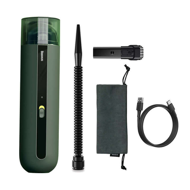 Portable wireless car vacuum cleaner with accessories including hose, filter, storage pouch, and charging cable.