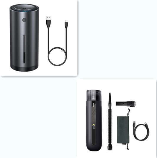 Portable wireless car vacuum cleaner with USB charging cable, compact design and additional cleaning attachments.