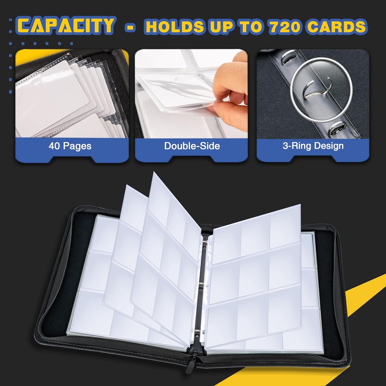 Baseball Card Binder, 9 Pocket Sports Card Binder, 720 Double Sided Pocket Zipper Album, Baseball Cards Zipper Display Holder, Expandable, Compatible with Gaming Cards, Yugioh, MTG and Other TCG